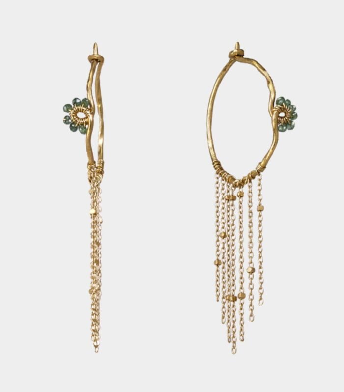 Marie Lamartinière - guld-creoler med grønne diamanter og kæder